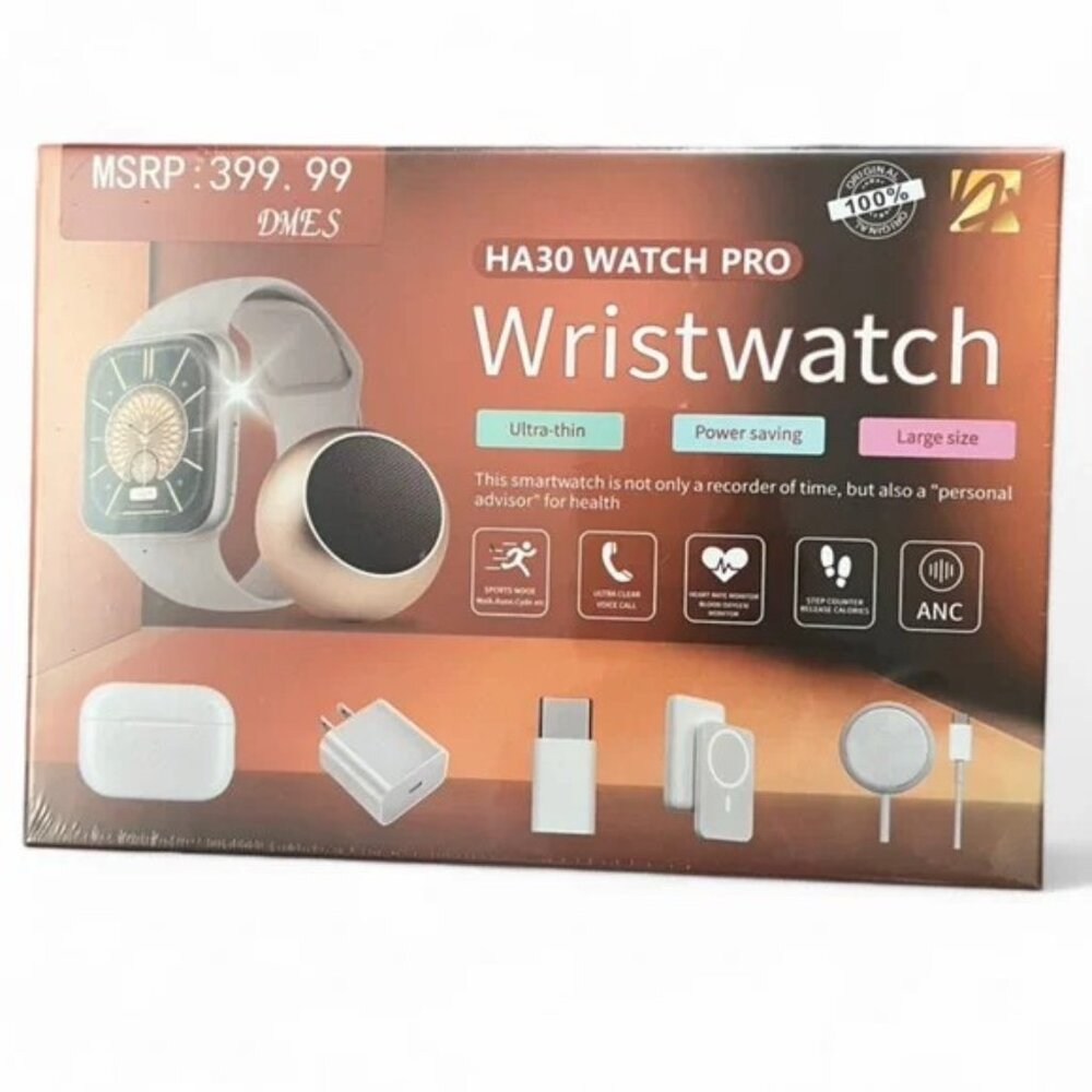 DMES HA30 Watch Pro Smartwatch Gold Case Gray Band Heart Rate Voice Call NIB